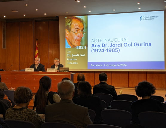 El Dr. Jaume Sellarès, vicepresident de la Junta de Govern del CoMB i el Dr. Josep Basora, director IDIAP Jordi Gol i vicepresident de la Societat Catalana de Medicina Familiar i Comunitària (CAMFiC) durant les seves intervencions.